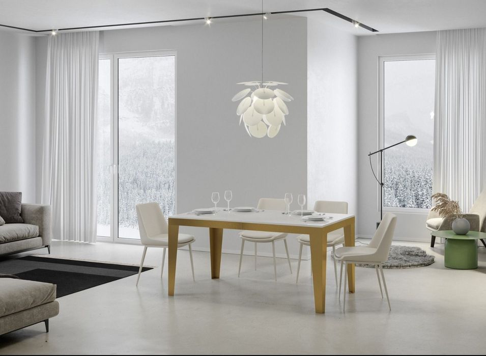 Table rectangulaire extensible 6 à 14 personnes L 180 à 284 cm blanc brillant et cadre métal doré Faye - Photo n°3