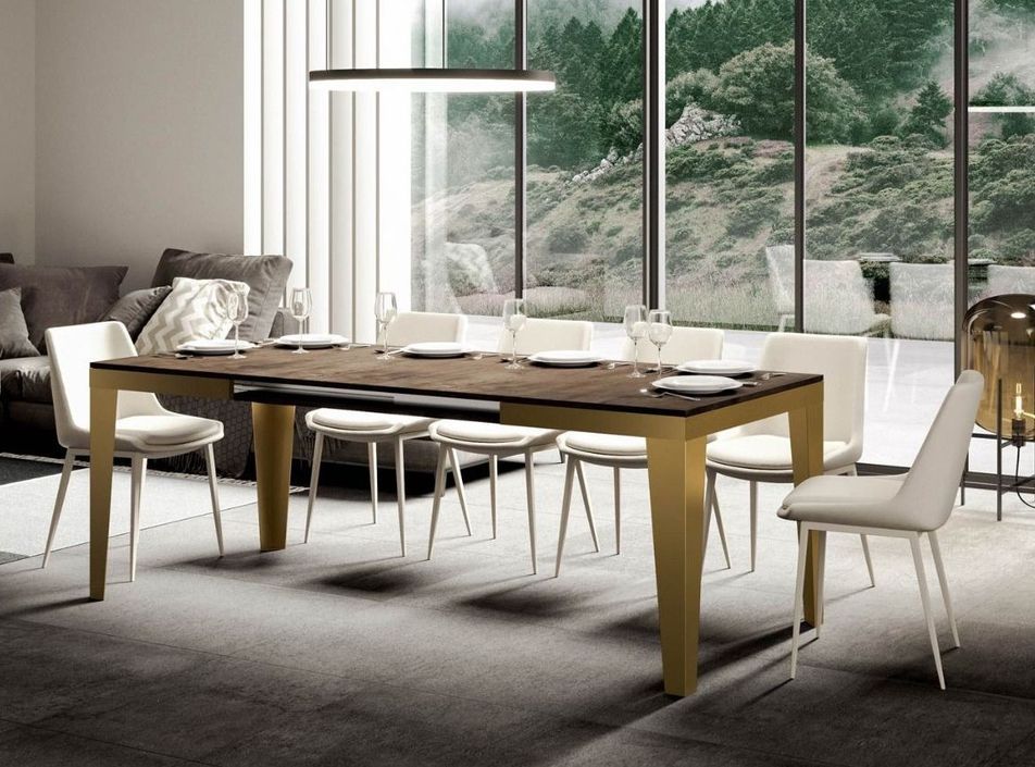 Table rectangulaire extensible 6 à 14 personnes L 180 à 284 cm bois foncé et cadre métal doré Faye - Photo n°2