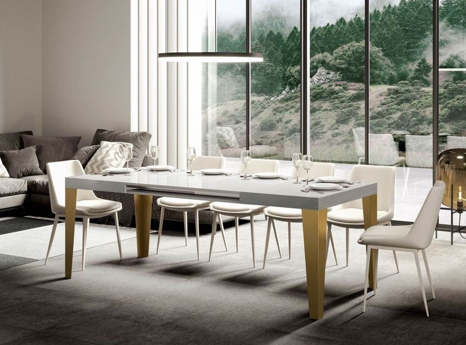 Table rectangulaire extensible 6 à 14 personnes L 180 à 284 cm frêne blanc et pieds métal doré Faye - Photo n°2
