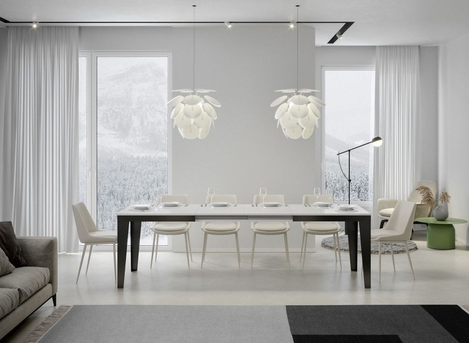 Table rectangulaire extensible 6 à 14 places L 180 à 284 cm blanc laqué et pieds acier gris foncé Flavien - Photo n°2