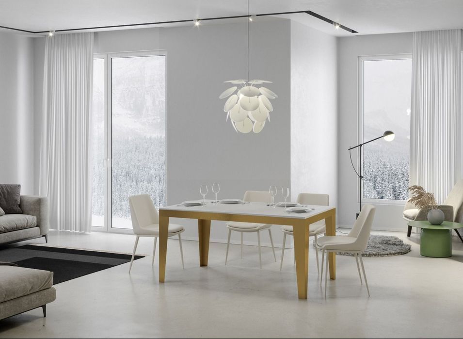 Table rectangulaire extensible 6 à 16 personnes L 120 à 380 cm blanc brillant et cadre métal doré Faye - Photo n°3