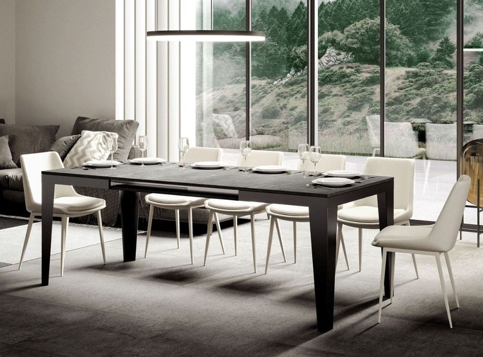 Table rectangulaire extensible 6 à 16 places L 120 à 380 cm gris effet béton et pieds acier gris foncé Flavien - Photo n°2