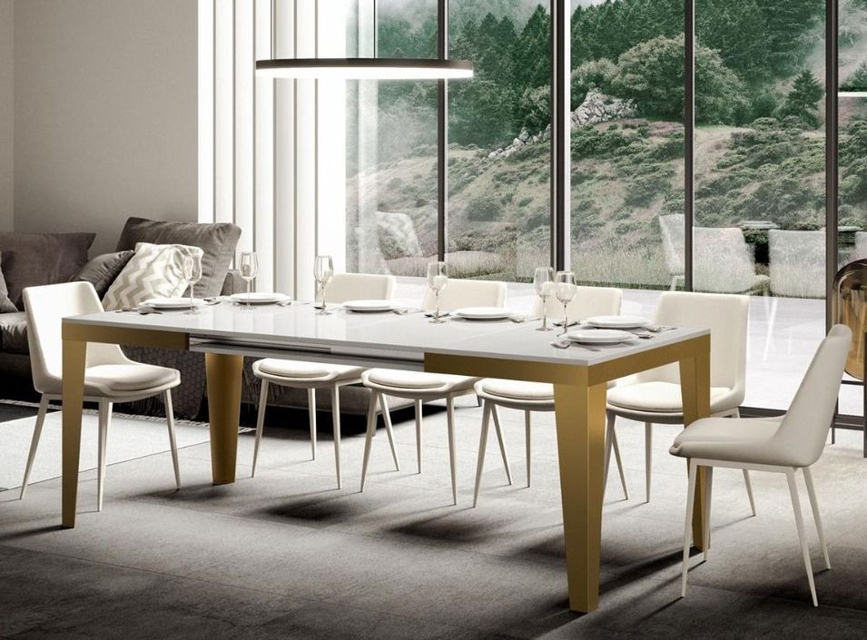 Table rectangulaire extensible 6 à 20 personnes L 160 à 420 cm blanc brillant et cadre métal doré Faye - Photo n°2