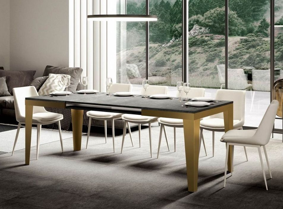 Table rectangulaire extensible 6 à 20 personnes L 160 à 420 cm gris béton et cadre métal doré Faye - Photo n°2