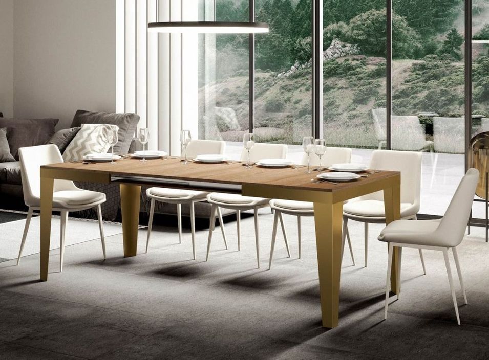 Table rectangulaire extensible 6 à 20 personnes L 180 à 440 cm bois clair et cadre métal doré Faye - Photo n°1
