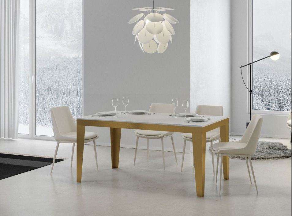 Table rectangulaire extensible 6 à 20 personnes L 180 à 440 cm frêne blanc et cadre métal doré Faye - Photo n°1
