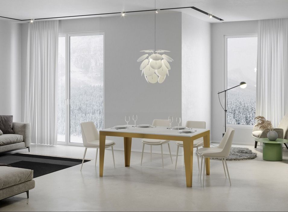 Table rectangulaire extensible 6 à 20 personnes L 180 à 440 cm frêne blanc et cadre métal doré Faye - Photo n°2