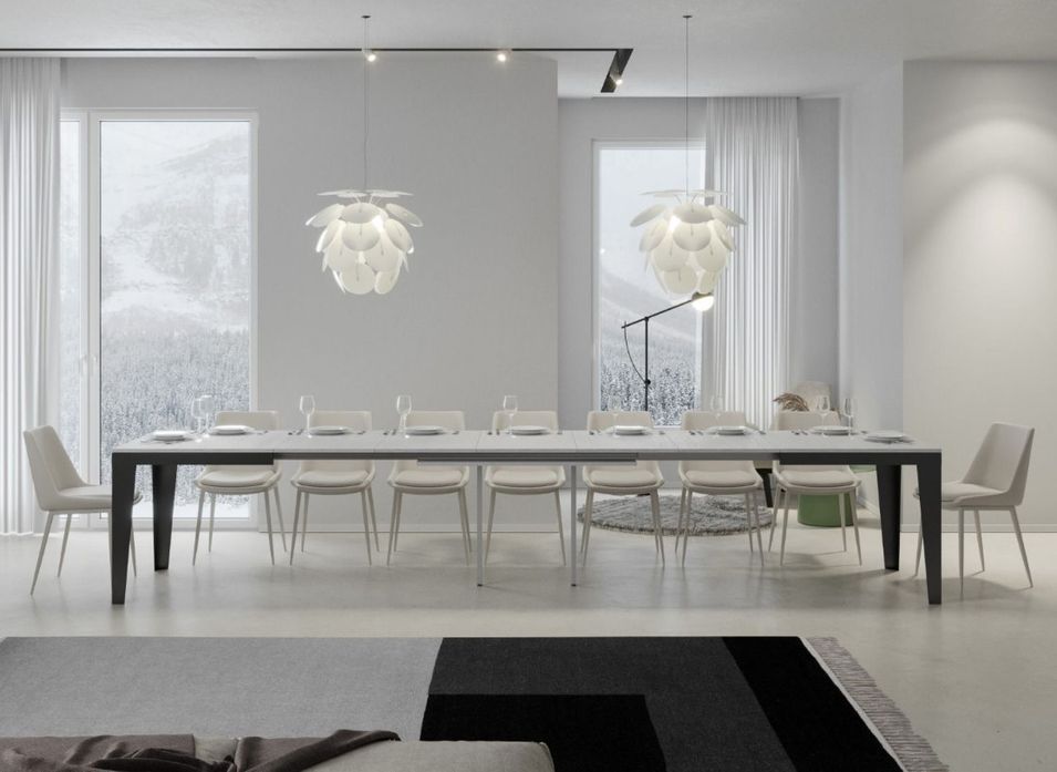 Table rectangulaire extensible 6 à 20 places L 160 à 420 cm blanc laqué et pieds acier gris foncé Flavien - Photo n°2
