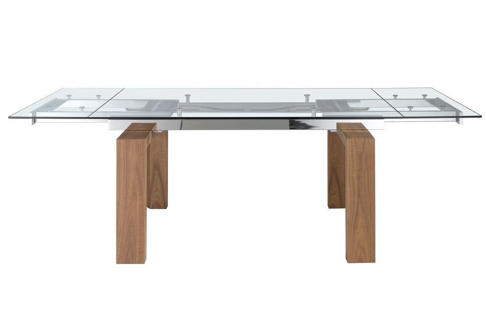 Table rectangulaire extensible Lokaz - Plateau verre trempé et pieds noyer - Photo n°7