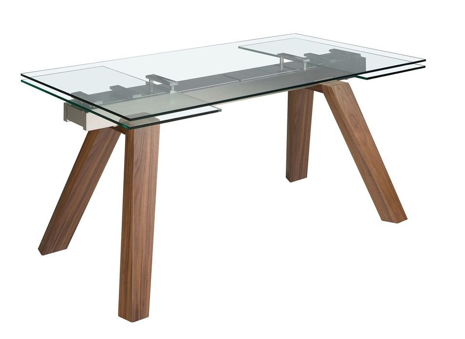 Table rectangulaire extensible Lokaz - Plateau verre trempé et pieds noyer - Photo n°1