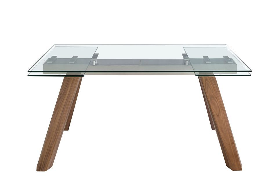 Table rectangulaire extensible Lokaz - Plateau verre trempé et pieds noyer - Photo n°3