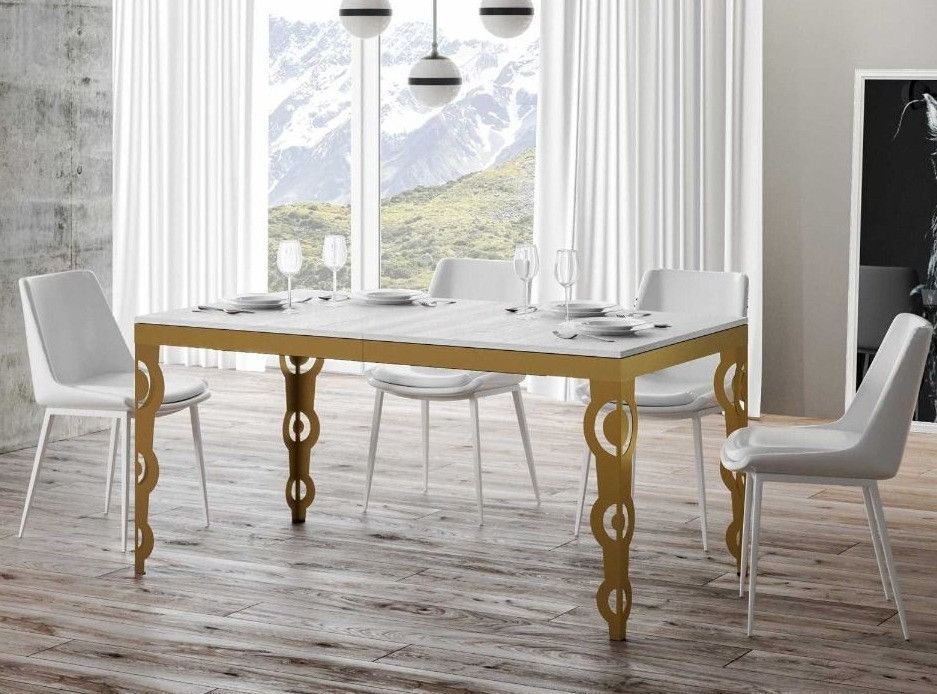 Table rectangulaire extensible orientale 6 à 10 personnes L 120 à 224 cm frêne blanc et cadre métal doré Kazay - Photo n°1