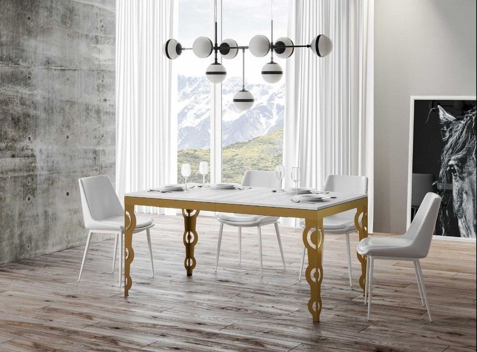 Table rectangulaire extensible orientale 6 à 10 personnes L 120 à 224 cm frêne blanc et cadre métal doré Kazay - Photo n°3