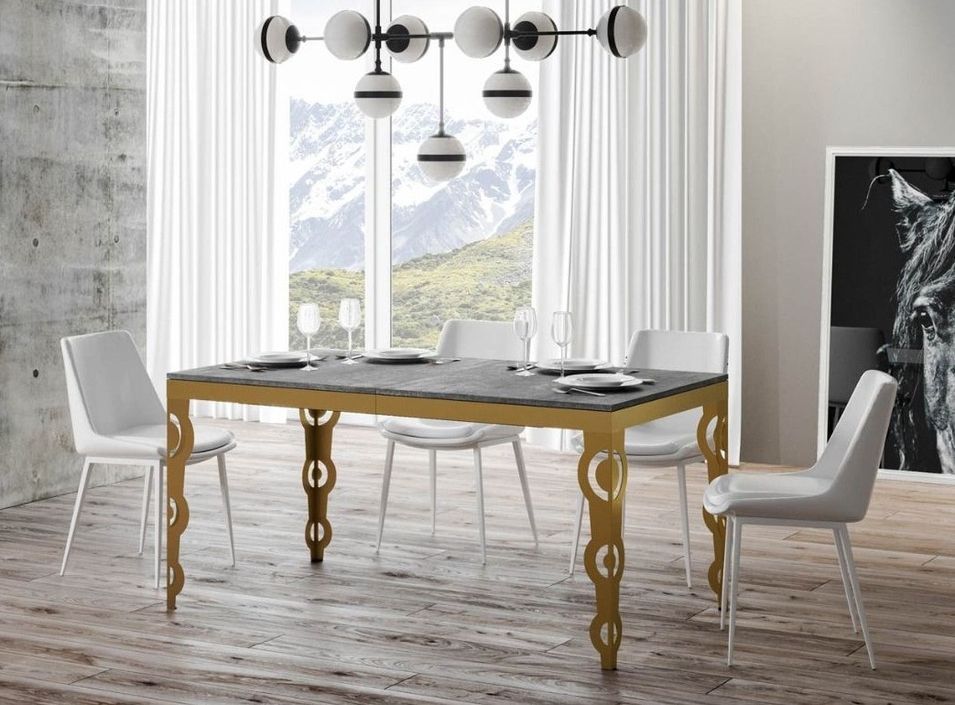Table rectangulaire extensible orientale 6 à 10 personnes L 120 à 224 cm gris béton et cadre métal doré Kazay - Photo n°1