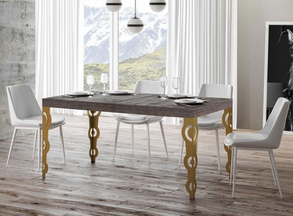 Table rectangulaire extensible orientale 6 à 10 personnes L 160 à 264 cm bois foncé et métal doré Kazay - Photo n°1
