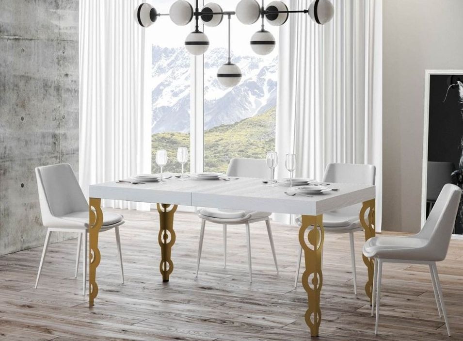Table rectangulaire extensible orientale 6 à 14 personnes L 180 à 284 cm frêne blanc et pieds métal doré Kazay - Photo n°1