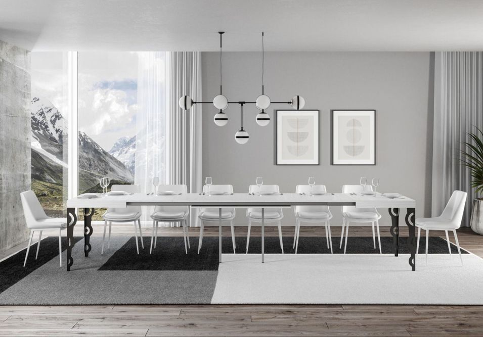 Table rectangulaire extensible orientale 6 à 20 personnes L 160 à 420 cm blanc et pieds métal anthracite Kazay - Photo n°2