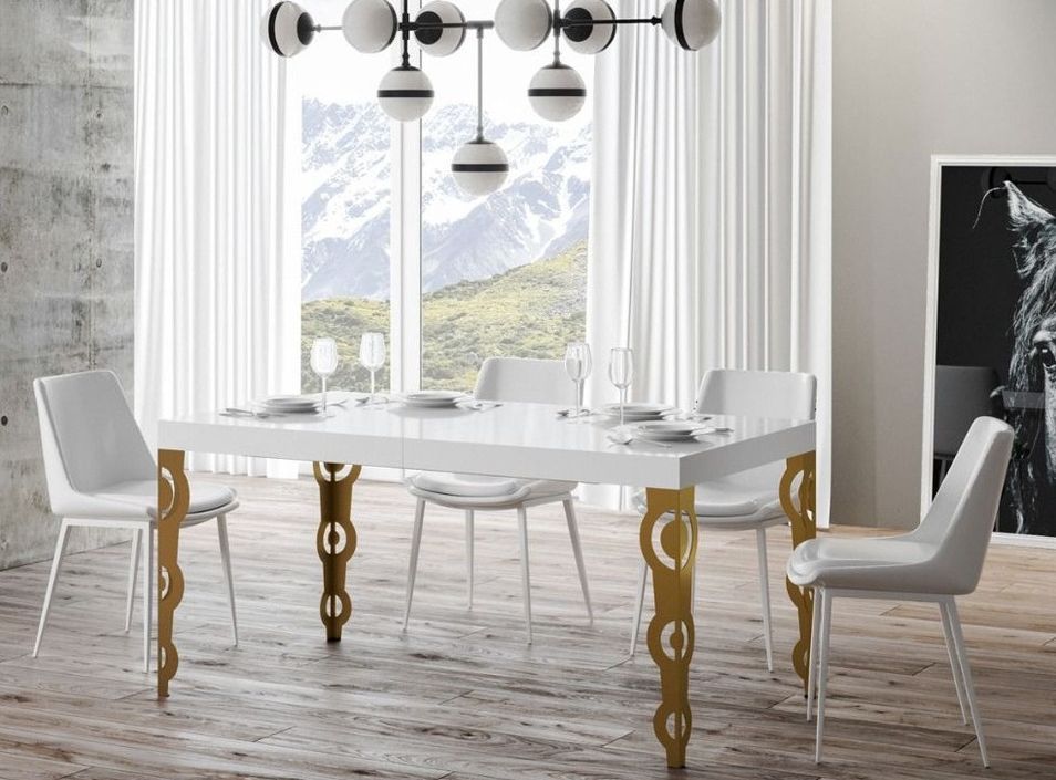 Table rectangulaire extensible orientale 6 à 20 personnes L 180 à 440 cm blanc brillant et pieds métal doré Kazay - Photo n°1