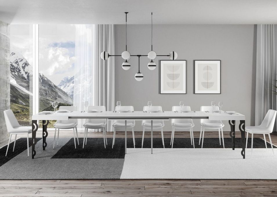 Table rectangulaire extensible orientale 6 à 20 personnes L 180 à 440 cm blanc et pieds métal anthracite Kazay - Photo n°2