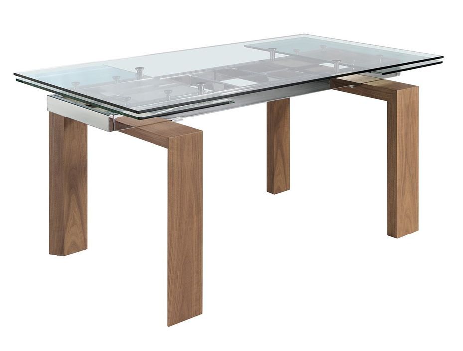 Table rectangulaire extensible Roka 160/240 cm - Plateau verre trempé et pieds noyer - Photo n°1