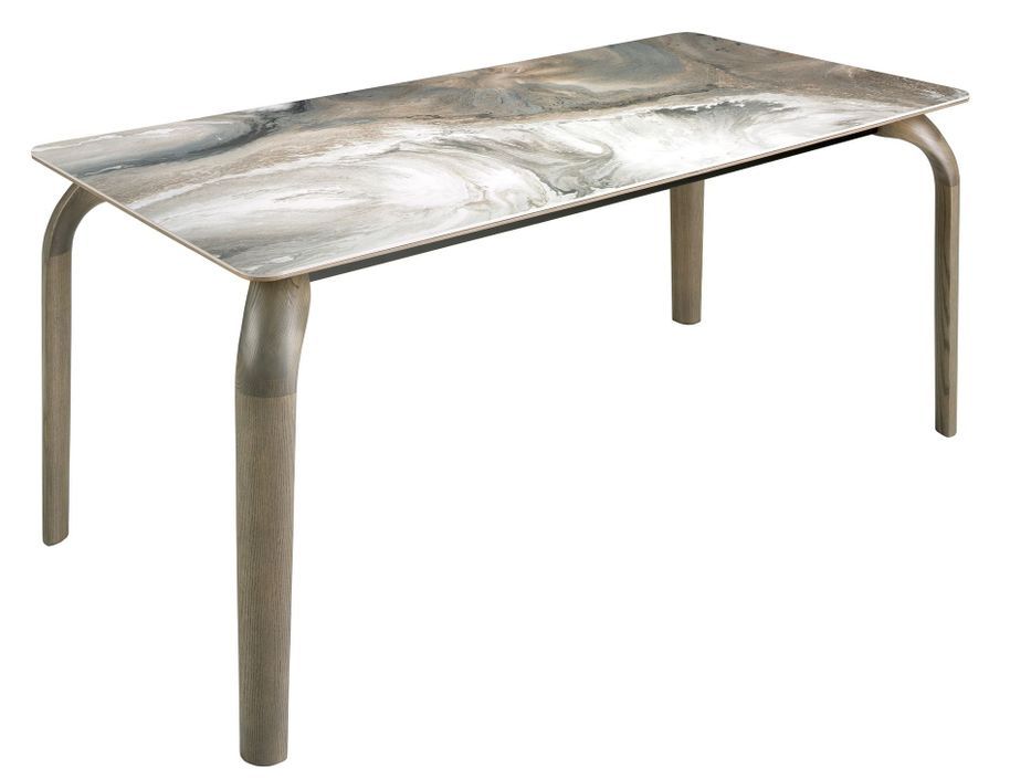 Table rectangulaire Kazora 180 cm - Plateau en porcelaine veines aux nuances terre et pieds chêne cendré - Photo n°1