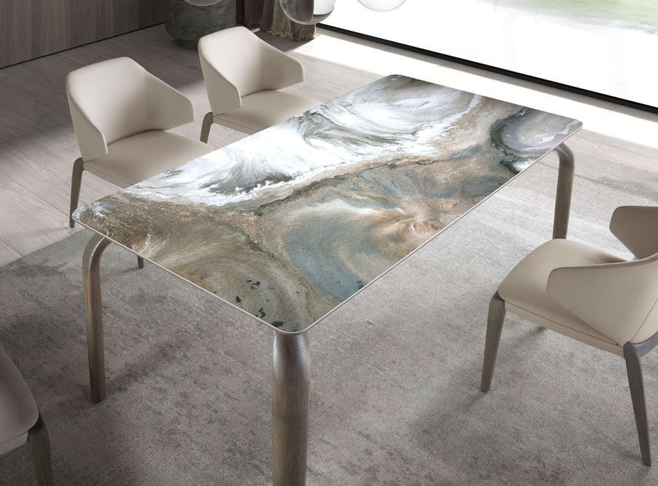 Table rectangulaire Kazora 180 cm - Plateau en porcelaine veines aux nuances terre et pieds chêne cendré - Photo n°6