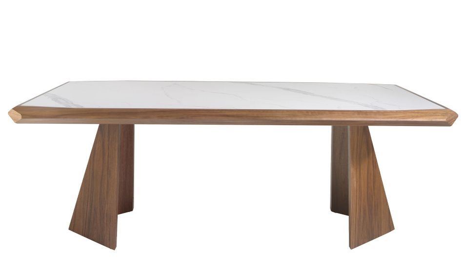 Table rectangulaire Kloser 220 cm - Noyer et plateau en porcelaine blanche effet Marbre - Photo n°3