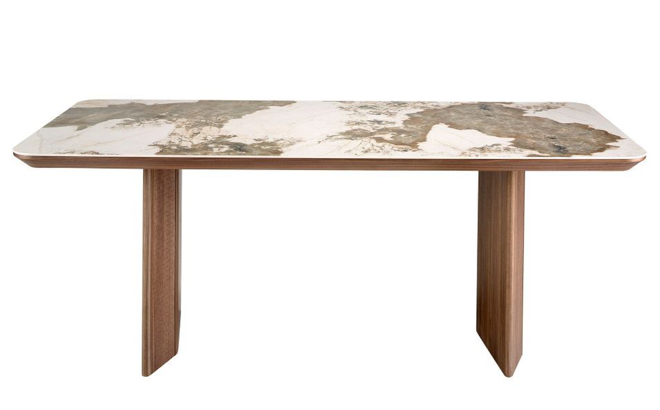 Table rectangulaire Mozer 200 cm - Noyer et plateau en porcelaine blanche effet Marbre veines aux nuances terre - Photo n°3