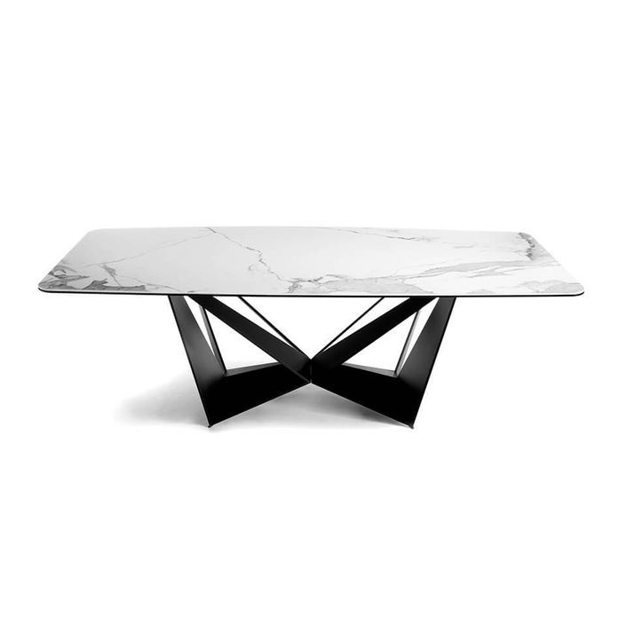 Table rectangulaire plateau en céramique grés marbré et pieds acier noir Trypa 220 cm - Photo n°7