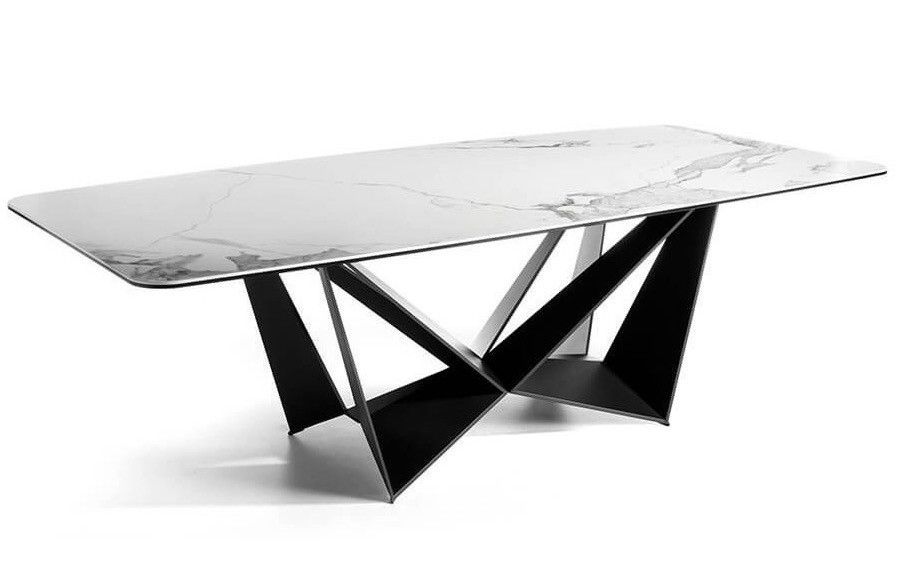 Table rectangulaire plateau en céramique grés marbré et pieds acier noir Trypa 220 cm - Photo n°1