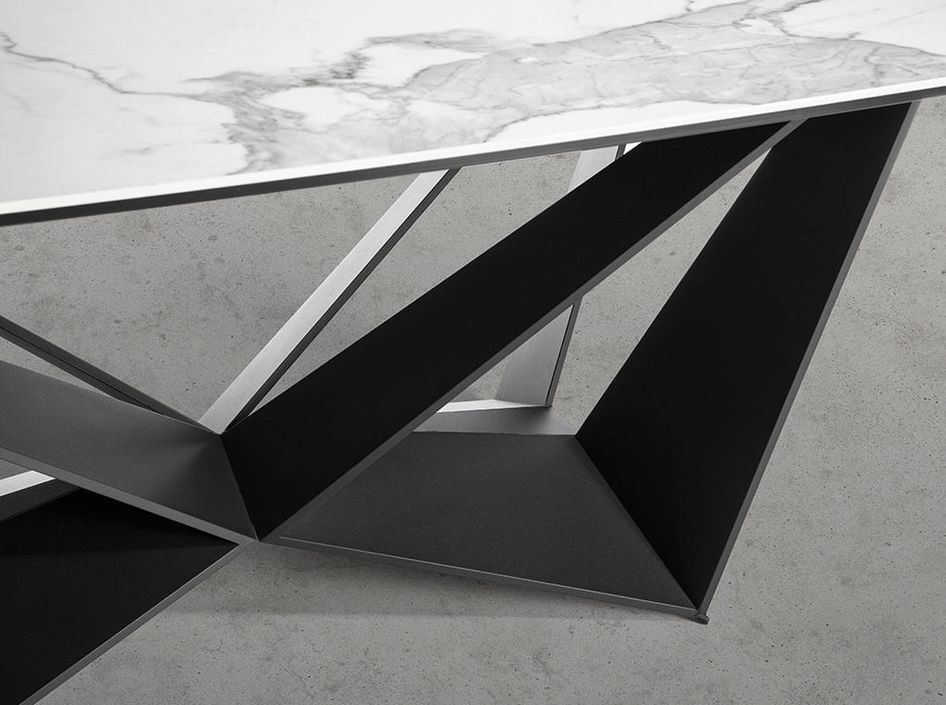 Table rectangulaire plateau en céramique grés marbré et pieds acier noir Trypa 240 cm - Photo n°4