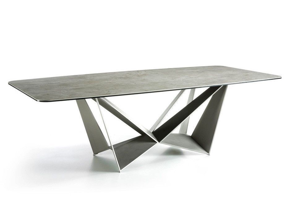 Table rectangulaire plateau porcelaine imitation ciment et pieds acier laqué gris Trypa 260 cm - Photo n°1