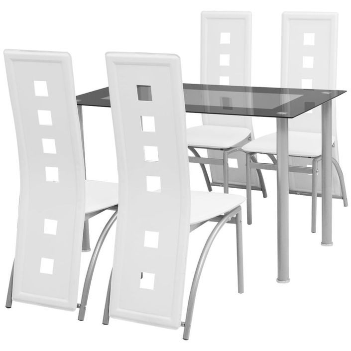 Table rectangulaire verre trempé noir et 4 chaises simili blanc Vamier - Photo n°1