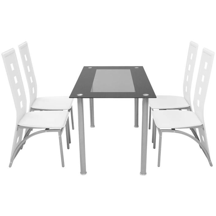 Table rectangulaire verre trempé noir et 4 chaises simili blanc Vamier - Photo n°3