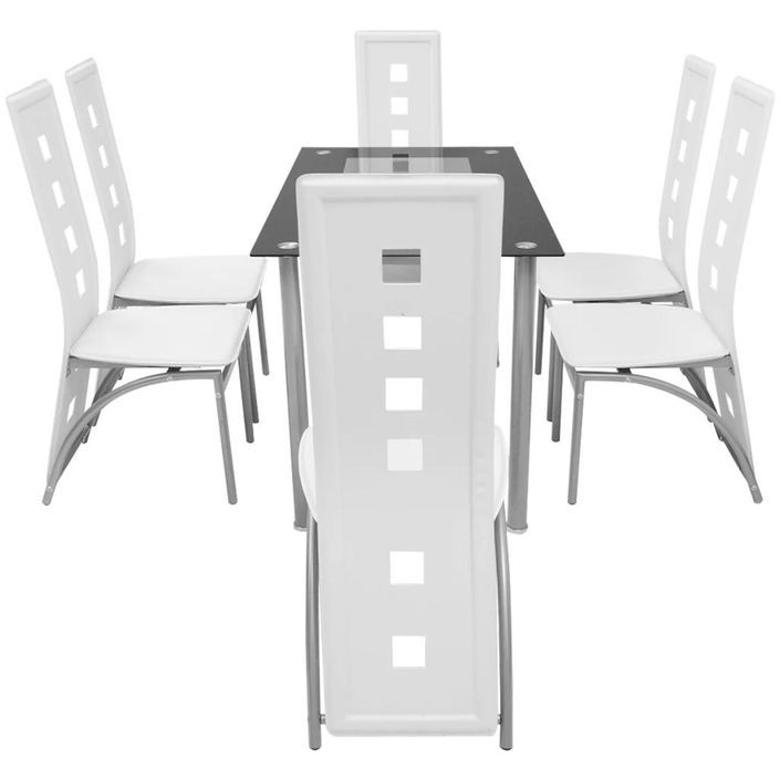 Table rectangulaire verre trempé noir et 6 chaises simili blanc Vamier - Photo n°3