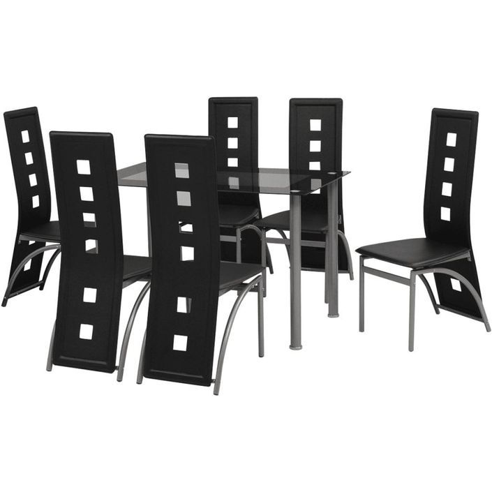 Table rectangulaire verre trempé noir et 6 chaises simili noir Vamier - Photo n°1