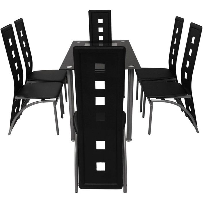 Table rectangulaire verre trempé noir et 6 chaises simili noir Vamier - Photo n°3