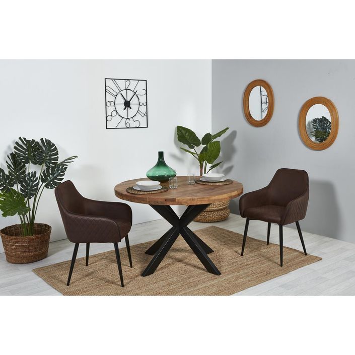 Table ronde 120 cm bois massif acacia naturel et pieds croisés acier noir Vintal - Photo n°6