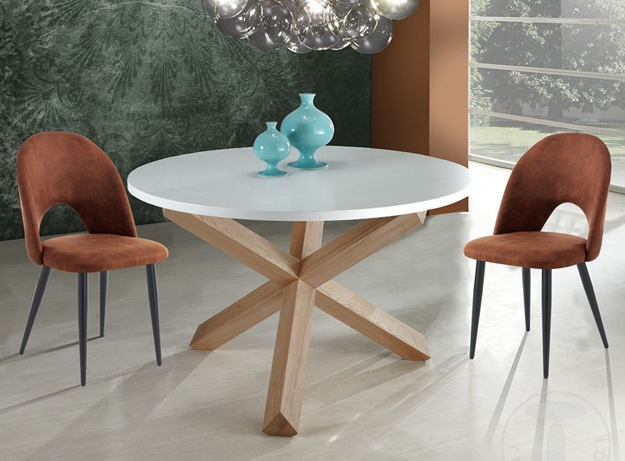 Table ronde bois massif clair et bois MDF blanc Payne D 120 cm - Photo n°2