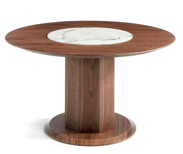 Table ronde bois noyer et plateau tournant en marbre céramique blanc Mykal 120 cm - Photo n°1