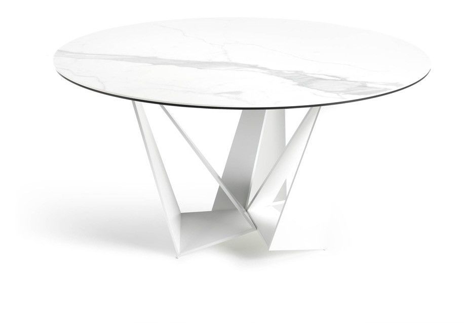 Table ronde design acier blanc et porcelaine blanc effet marbre Gala 130 cm - Photo n°3