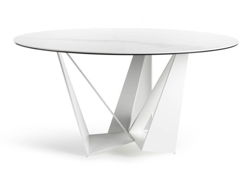 Table ronde design acier blanc et porcelaine blanc effet marbre Gala 140 cm - Photo n°1