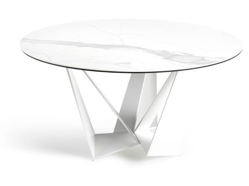 Table ronde design acier blanc et porcelaine blanc effet marbre Gala 140 cm - Photo n°3