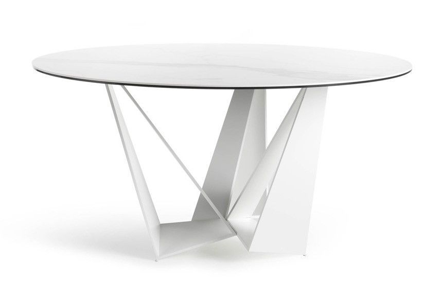 Table ronde design acier blanc et porcelaine blanc effet marbre Gala 150 cm - Photo n°1