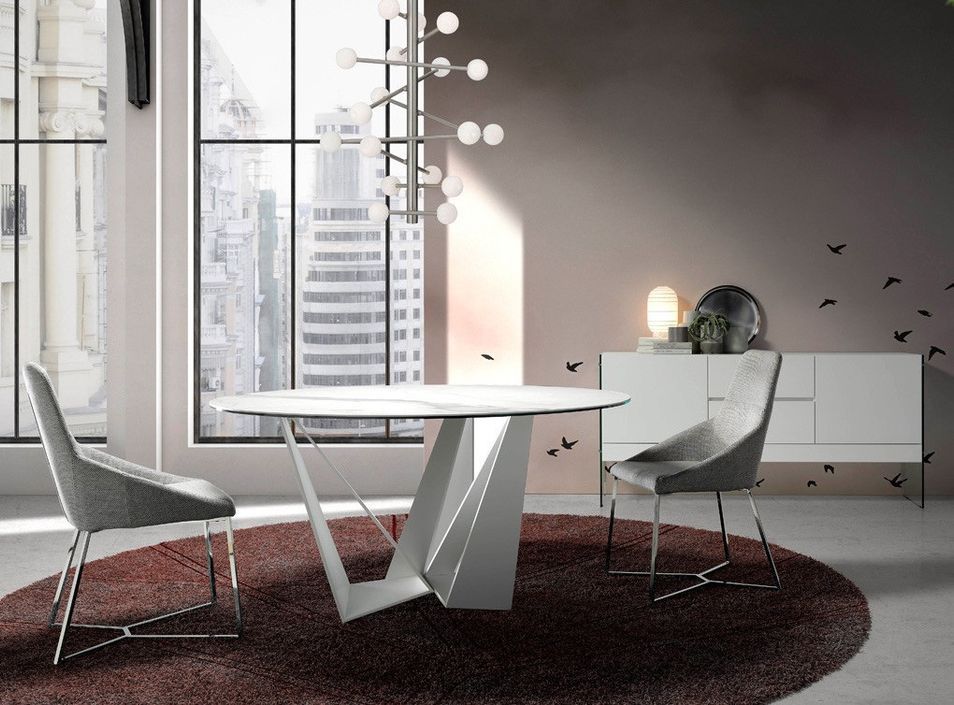 Table ronde design acier blanc et porcelaine blanc effet marbre Gala 150 cm - Photo n°2