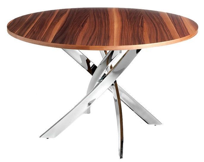 Table ronde design acier chromé et bois noyer Reina 120 cm - Photo n°1