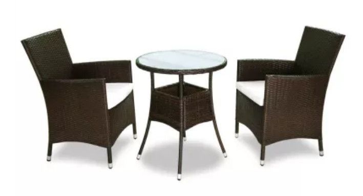 Table ronde et 2 chaises de jardin résine tressée marron et coussins blanc Mik - Photo n°1