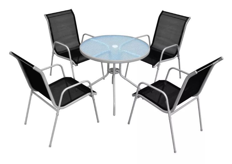 Table ronde et 4 chaises de jardin métal noir et blanc Castle - Photo n°1