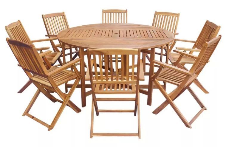 Table ronde et 8 chaises de jardin acacia clair Polina - Photo n°1