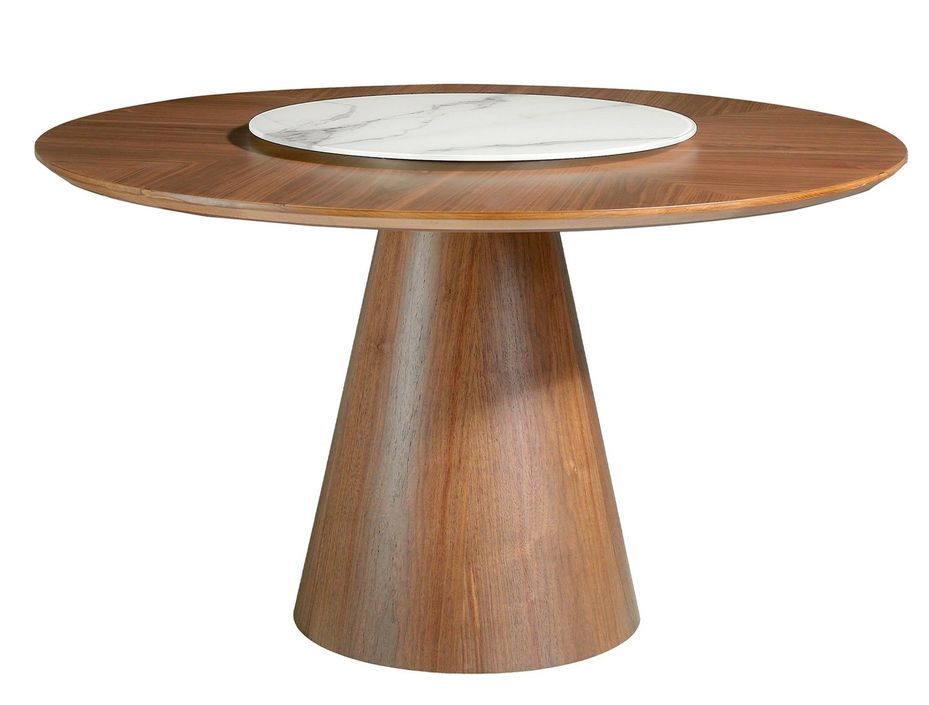 Table ronde Kloser 135 cm - Noyer et plateau tournant en porcelaine blanche effet Marbre - Photo n°1